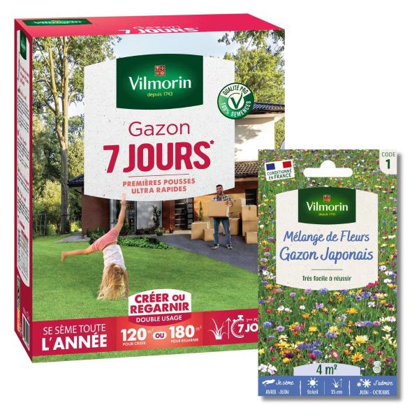 7 jours, pousse rapide - Gazon 7 jours - 3 kg + Gazon Japonais - 4 m² - Mélange de fleurs - face recto